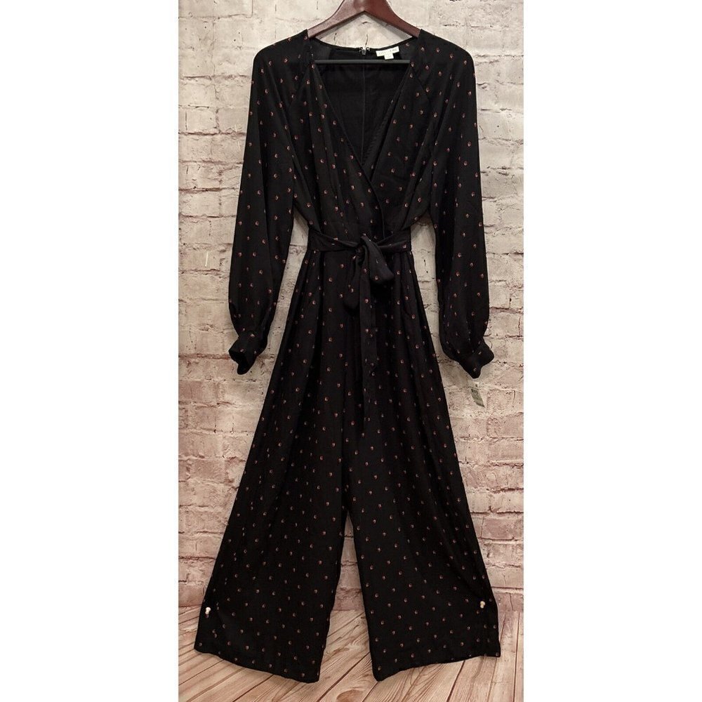 Maison Jules Womens Black Jumpsuit Ladybug Surplice Neck Wide Leg Cropped Size 8